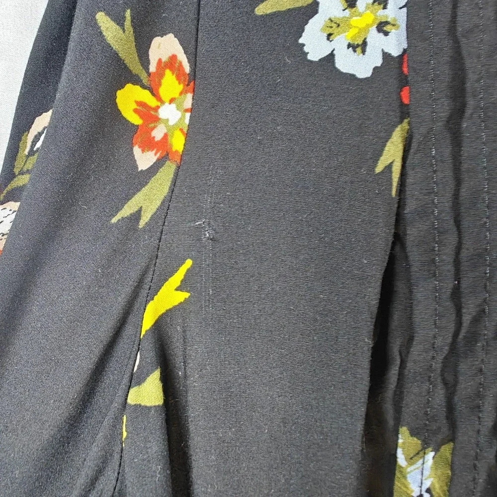 Old Navy Black Floral Lace-Up‎ Tunic Dress 3/4 Sleeve Pintuck Front V Neck XL